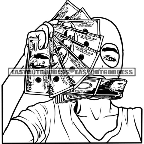 African American Woman Holding Money Bundle Wearing Face Musk Afro Woman Bite Money Bundle Vector BW Artwork SVG JPG PNG Vector Clipart Cricut Silhouette Cut Cutting