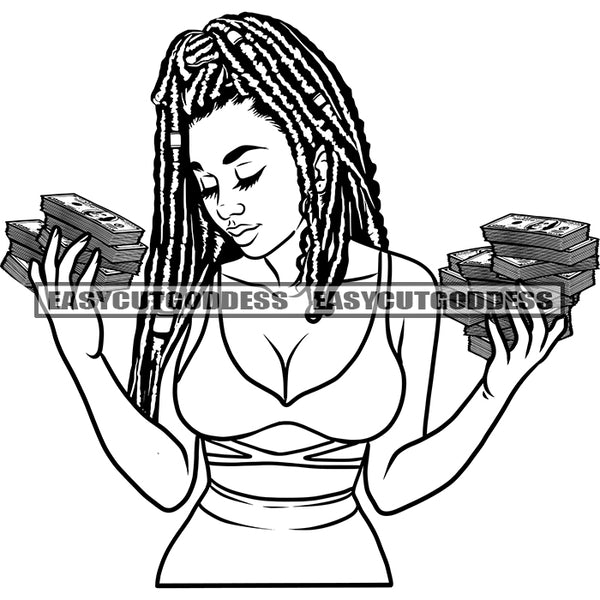 Black And White Artwork Sexy African Woman Holding Money Bundle Locus Long Hairstyle Vector Wearing Bikini Design Element SVG JPG PNG Vector Clipart Cricut Silhouette Cut Cutting