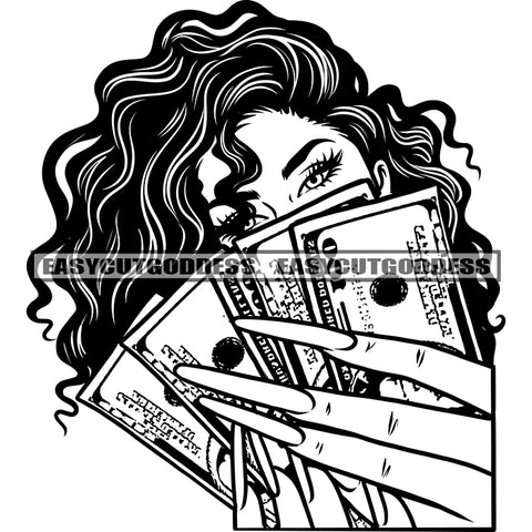 African American Sexy Woman Showing Money Holding Money Note Long Nail Design Element Curly Hairstyle Vector Artwork SVG JPG PNG Vector Clipart Cricut Silhouette Cut Cutting