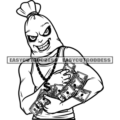 Funny Cartoon Character Smile Face Holding Lot Of Money Bundle Wearing Musk And Chain Cartoon Head Money Bag Design Element SVG JPG PNG Vector Clipart Cricut Silhouette Cut Cutting