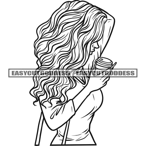 Afro Woman Holding Coffee Mug And Drinking Coffee Side Bag On Woman Hand Vector Black And White Artwork BW Long Nail SVG JPG PNG Vector Clipart Cricut Silhouette Cut Cutting