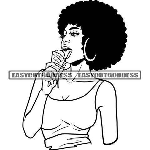 Sexy African American Woman Eating Ice-Cream Sexy Pose Afro Hairstyle Wearing Hoop Earing Vector BW Artwork SVG JPG PNG Vector Clipart Cricut Silhouette Cut Cutting