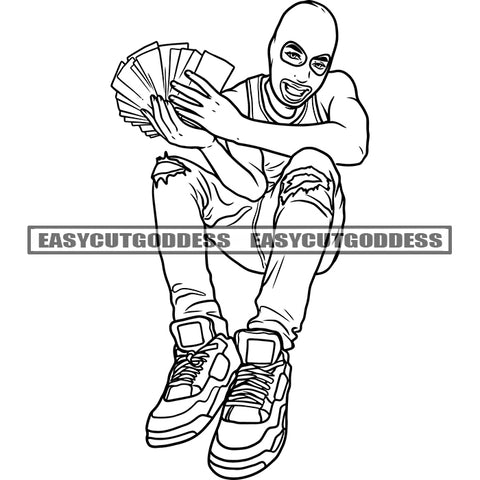 Gangster Afro Man Holding Money Bundle Wearing Face Musk Sitting Pose Smile Face Design Element Black And White Artwork SVG JPG PNG Vector Clipart Cricut Silhouette Cut Cutting