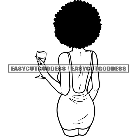 Gangster African American Woman Holding Wine Glasses Vector Afro Hairstyle Woman Standing Backless Dress Vector BW Artwork SVG JPG PNG Vector Clipart Cricut Silhouette Cut Cutting