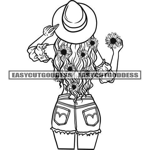 African American Woman Backside Design Element Sunflower On His Hair Vector Afro Woman Holding Flower Wearing Hat BW SVG JPG PNG Vector Clipart Cricut Silhouette Cut Cutting