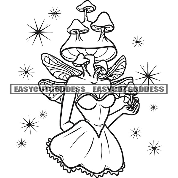 Afro Mushroom Cartoon Character Woman Hand Holding Mushroom Vector Design Element BW Artwork Star Symbol Sexy Pose SVG JPG PNG Vector Clipart Cricut Silhouette Cut Cutting