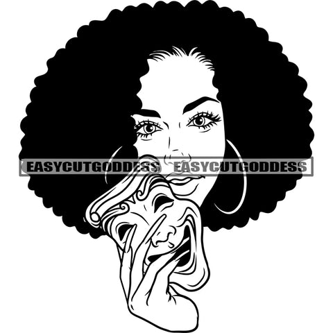 Black And White Afro Woman Hand Holding Musk Smile face Wearing Hoop Earing Vector Afro Hairstyle Design Element BW Artwork SVG JPG PNG Vector Clipart Cricut Silhouette Cut Cutting