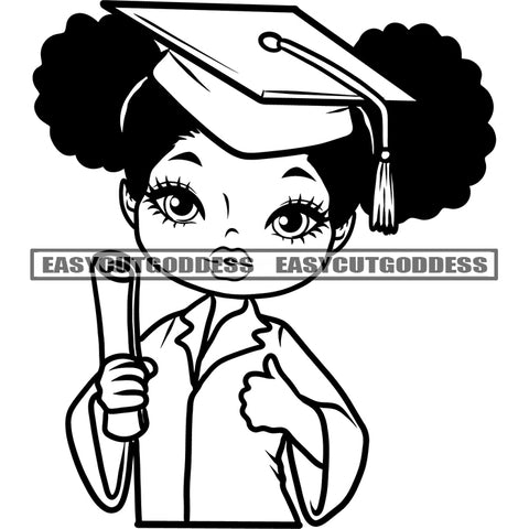 Afro Educated Girls Wearing Hat Smile Face Holding Paper Black And White Artwork Ok Hand Sign Coat Hard Working Girls Design Element SVG JPG PNG Vector Clipart Cricut Silhouette Cut Cutting