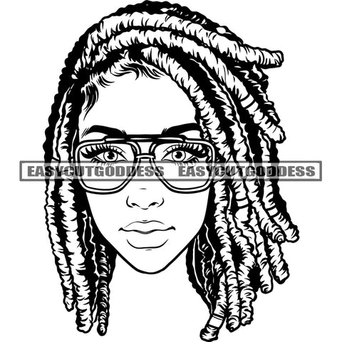 Afro Woman Face Art Wearing Sunglasses African American Woman Smile Face Head And Locus Hairstyle BW Artwork Design Element Smile Face SVG JPG PNG Vector Clipart Cricut Silhouette Cut Cutting