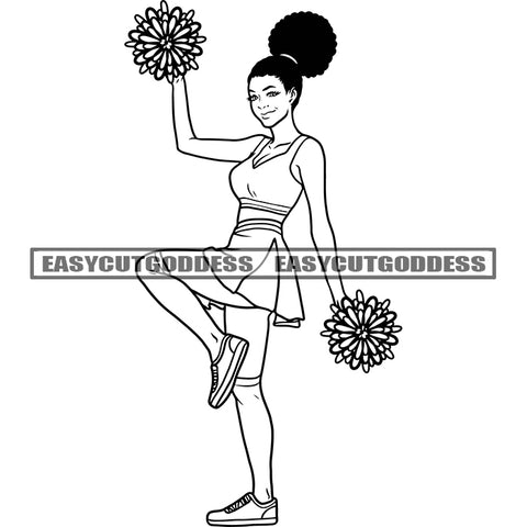 Afro Cheerleader Woman Dancing And Holding Flower Black And White Artwork Design Element Afro Hairstyle And Wearing Short Dress BW SVG JPG PNG Vector Clipart Cricut Silhouette Cut Cutting