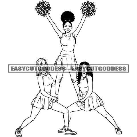 Afro Three Cheerleader Woman Dancing And Holding Flower Black And White Artwork Design Element Afro Hairstyle And Wearing Short Dress BW SVG JPG PNG Vector Clipart Cricut Silhouette Cut Cutting