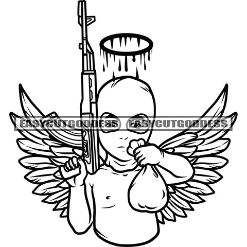 African American Baby Angel Holding Money Bag Gun AK47 Army Weapon Crown On Head Afro Baby Angle Wing Black And White BW Artwork SVG JPG PNG Vector Clipart Cricut Silhouette Cut Cutting