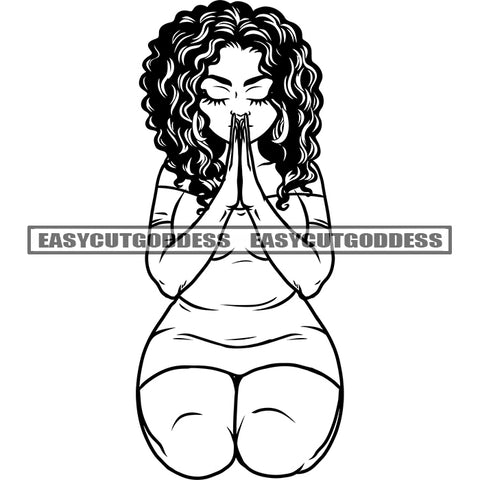 African American Woman Sitting Pose Hard Praying Hand Curly Hairstyle Plus Size Woman God Thinking BW Artwork SVG JPG PNG Vector Clipart Cricut Silhouette Cut Cutting