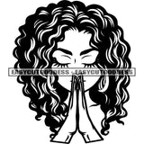 Hard Praying Woman Hand Curly Short Hairstyle Wearing Hoop Earing Mediation On God Vector Close Eyes Black And White Artwork SVG JPG PNG Vector Clipart Cricut Silhouette Cut Cutting