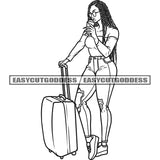 Afro Woman Holding Travel Bag Sexy African American Woman Standing Model Pose Wearing Sunglasses And Hat Vector Design Element Afro Curly Hairstyle SVG JPG PNG Vector Clipart Cricut Silhouette Cut Cutting