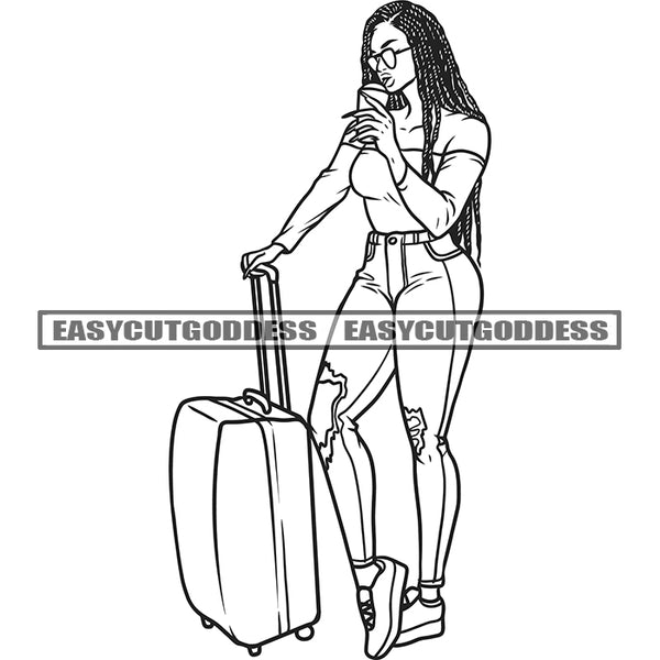 Afro Woman Holding Travel Bag Sexy African American Woman Standing Model Pose Wearing Sunglasses And Hat Vector Design Element Afro Curly Hairstyle SVG JPG PNG Vector Clipart Cricut Silhouette Cut Cutting