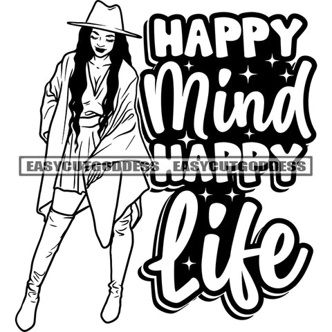 Happy Mind Happy Life Quote Afro Model Woman Standing Wearing Coat And Hat Long Hairstyle Design Element SVG JPG PNG Vector Clipart Cricut Silhouette Cut Cutting