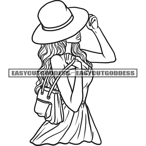 Cute Afro Girls Holding Cap And Side Bag African American Woman Curly Hairstyle Vector Design Element BW Artwork SVG JPG PNG Vector Clipart Cricut Silhouette Cut Cutting