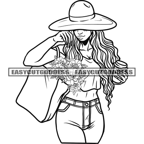 Afro Woman With Coffee Mug African American Woman Holding Bag Wearing Sunglass And Cap Long Curly Hairstyle SVG JPG PNG Vector Clipart Cricut Silhouette Cut Cutting