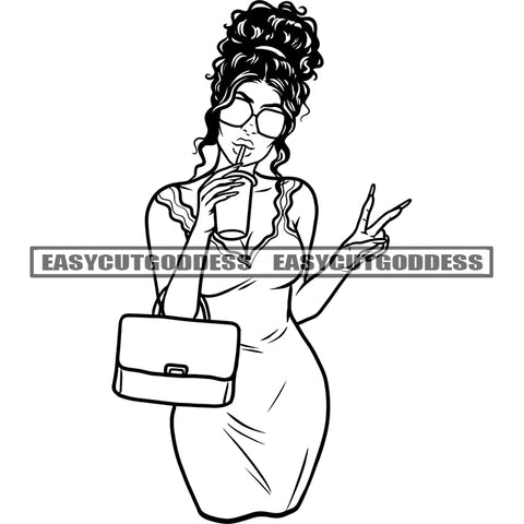 Peach Hand Sign Afro Woman Drinking Coffee Wearing Sunglasses Curly Hairstyle African American Woman Vector BW Artwork SVG JPG PNG Vector Clipart Cricut Silhouette Cut Cutting