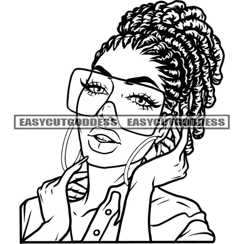 African American Woman Model Pose Wearing Sunglasses And Hoop Earing Vector Sexy Pose Design Element BW Artwork SVG JPG PNG Vector Clipart Cricut Silhouette Cut Cutting