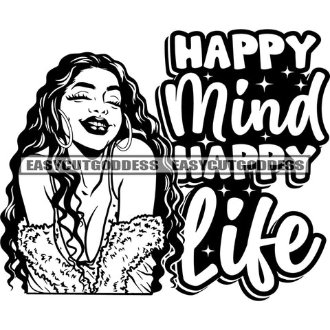Happy Mind Happy Life Quote African American Smile Face Design Element BW Artwork Vector Curly Hairstyle SVG JPG PNG Vector Clipart Cricut Silhouette Cut Cutting