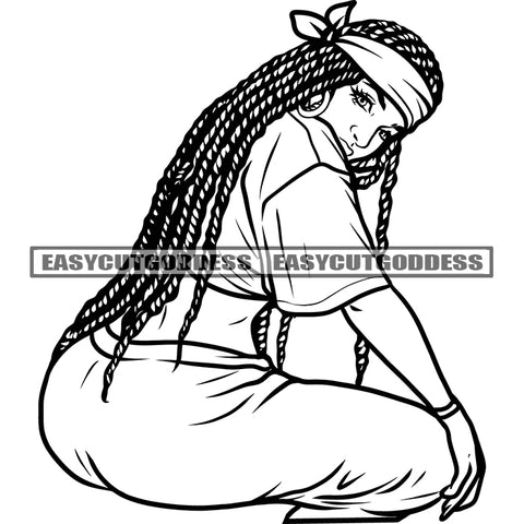 African American Plus Size Woman Sitting Position Wearing Head Scarf Locus Hairstyle Wearing T-Shirt SVG JPG PNG Vector Clipart Cricut Silhouette Cut Cutting