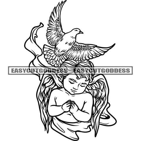 Afro Baby Angle Hard Praying Hand Pigeon Bird Fly African American Angle Wings BW Artwork Design Element SVG JPG PNG Vector Clipart Cricut Silhouette Cut Cutting