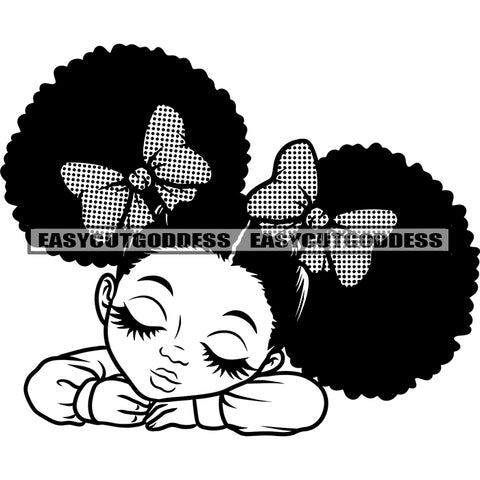 Afro Hairstyle Cute Woman Sleeping Position Vector Design Element Cute Butterfly Hair Band BW Artwork SVG JPG PNG Vector Clipart Cricut Silhouette Cut Cutting