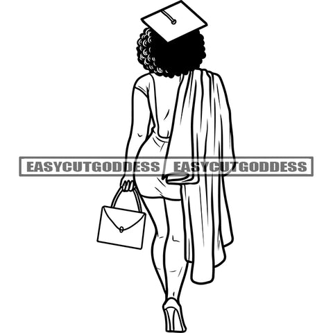 Succeed Afro Educated Woman African American Woman Backside Design Element Afro Educated Woman Holding Cap Vector SVG JPG PNG Vector Clipart Cricut Silhouette Cut Cutting