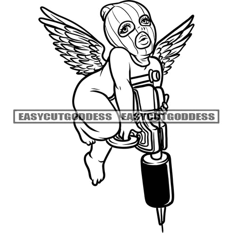 African American Baby Angle Holding Drill Machine Vector Afro Angele Wearing Musk Hide Face Angle Wing Design Element BW Artwork SVG JPG PNG Vector Clipart Cricut Silhouette Cut Cutting