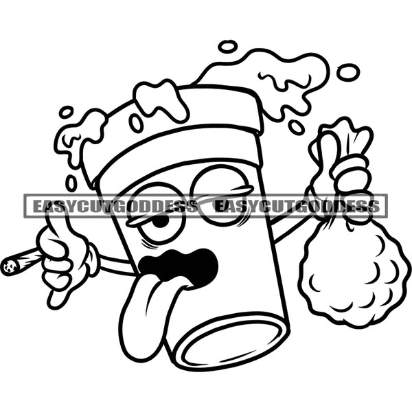 Funny Mug Cartoon Character Holding Smoking And Marijuana And Money Bag Water Dripping Vector BW Artwork Design Element SVG JPG PNG Vector Clipart Cricut Silhouette Cut Cutting