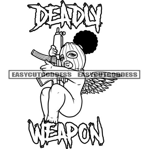 Deadly Weapon African American Angle Holding Gun Vector Baby Angel Wings Fly Black And White Artwork BW Wearing Musk Afro Hairstyle SVG JPG PNG Vector Clipart Cricut Silhouette Cut Cutting