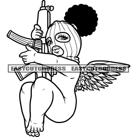 African American Angle Holding Gun Vector Baby Angel Wings Fly Black And White Artwork BW Wearing Musk Afro Hairstyle SVG JPG PNG Vector Clipart Cricut Silhouette Cut Cutting