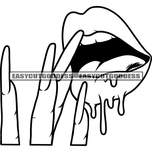 Sexy Woman Lips Open Mouth Color Dripping Long Nail Design Element BW African American Sexy Woman Lips Artwork SVG JPG PNG Vector Clipart Cricut Silhouette Cut Cutting