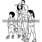 Afro Travel Family Holding Bag Afro Hairstyle Wearing Cap Ticket Vector Black And White Artwork BW African American Happy Family SVG JPG PNG Vector Clipart Cricut Silhouette Cut Cutting