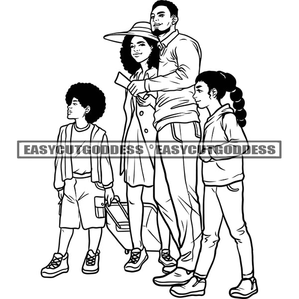 Afro Travel Family Holding Bag Afro Hairstyle Wearing Cap Ticket Vector Black And White Artwork BW African American Happy Family SVG JPG PNG Vector Clipart Cricut Silhouette Cut Cutting