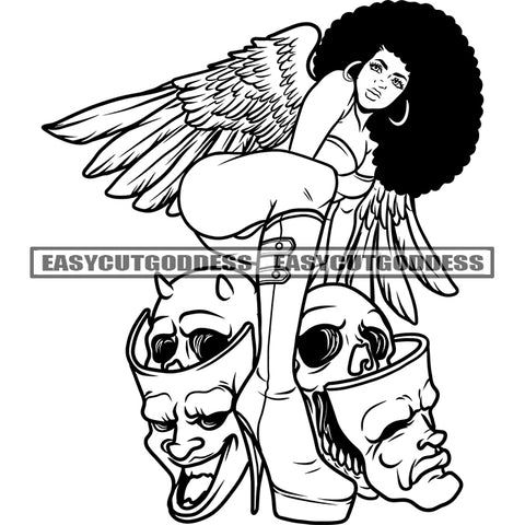 Skull Skeleton Head On Floor African American Sexy Angle Woman Sexy Pose Sitting Vector Afro Hairstyle Wearing High Hill And Hoop Earing Skull Skeleton SVG JPG PNG Vector Clipart Cricut Silhouette Cut Cutting