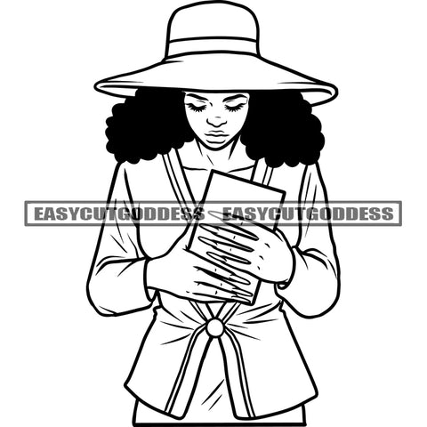 Afro Woman Long Nail Vector African American Woman Holding Holi Book Wearing Hat BW Artwork Design Element SVG JPG PNG Vector Clipart Cricut Silhouette Cut Cutting