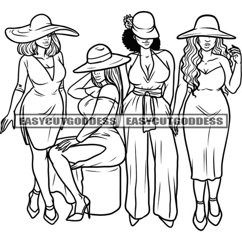 Gangster African Girls Squad Sexy Pose Design Element Both Wearing Hat Vector Wearing Party Dress Afro And Curly Hairstyle BW Artwork SVG JPG PNG Vector Clipart Cricut Silhouette Cut Cutting