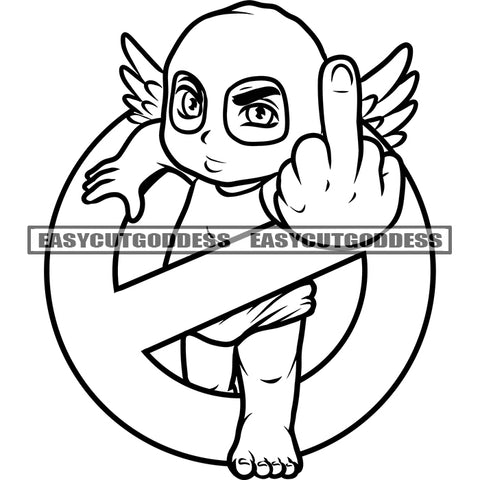 Funny Cartoon Character Showing Middle Finger Fuck Hand Sign Design Element Stop Sign Symbol Vector BW Artwork Alien Wings SVG JPG PNG Vector Clipart Cricut Silhouette Cut Cutting