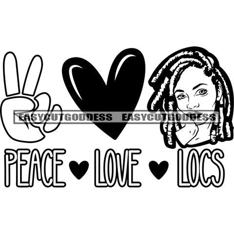 Peace Love Locus Quote Peach Hand Sign Love Symbol Locus Hairstyle African American Woman Head Design Element BW Artwork SVG JPG PNG Vector Clipart Cricut Silhouette Cut Cutting