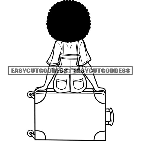 Travel Woman Afro Woman Sitting On Luggage Bag Afro Hairstyle African American Woman Backside Design Element Wearing Hoop Earing SVG JPG PNG Vector Clipart Cricut Silhouette Cut Cutting