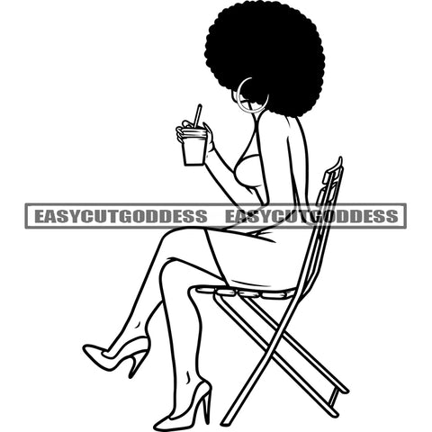 Black And White Artwork African Woman Sitting On Chair Holding Coffee Mug Wearing Hoop Earing Afro Hairstyle Design Element Sexy Pose Vector SVG JPG PNG Vector Clipart Cricut Silhouette Cut Cutting