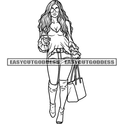 Afro Model Woman Walking And Holding Hand Bag Wearing Sunglasses And Curly Long Hairstyle African American Woman Sexy Pose SVG JPG PNG Vector Clipart Cricut Silhouette Cut Cutting