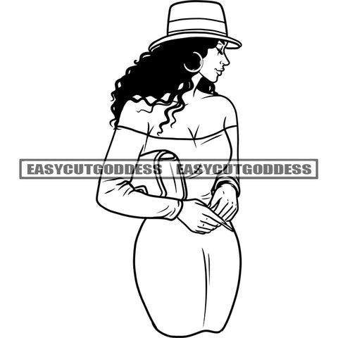 African American Woman Holding Bag Side Face Wearing Hoop Earing And Cap Afro Sexy Woman Side Face BW Artwork SVG JPG PNG Clipart Cricut Silhouette Cut Cutting