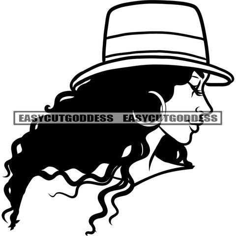 African American Sexy Woman Wearing Hat Curly Long Hairstyle Black And White Artwork Side Look Design Element SVG JPG PNG Vector Clipart Cricut Silhouette Cut Cutting