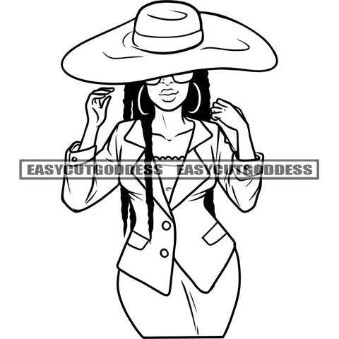 Afro Sexy Woman Model Pose Wearing Cap And Sunglasses Hoop Earing Curly Long Hairstyle BW Artwork SVG JPG PNG Vector Clipart Cricut Silhouette Cut Cutting