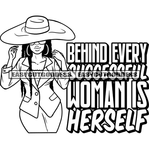 Behind Every Successful Woman Is Herself Quote Afro Sexy Woman Model Pose Wearing Cap And Sunglasses Hoop Earing Curly Long Hairstyle BW Artwork SVG JPG PNG Vector Clipart Cricut Silhouette Cut Cutting