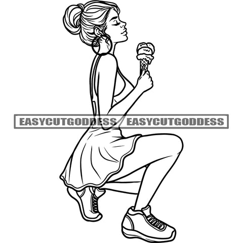 Afro Girls Holding Ice-Cream Sitting Pose African American Cute Girls Wearing Hoop Earing Vector BW Artwork SVG JPG PNG Vector Clipart Cricut Silhouette Cut Cutting